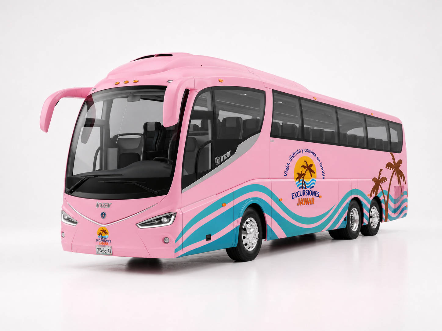 JAWARbus oficial rosa, con ondas turquesa e identidad de Excursiones JAWAR
